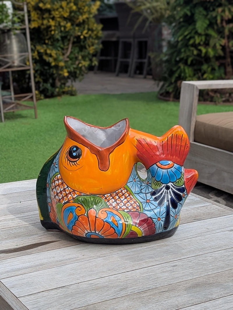 Talavera Whale Planter is Hand Painted Ceramic Mexican Pottery | Large Fish Planter Pot for Yard Art & Outdoor Garden Decor