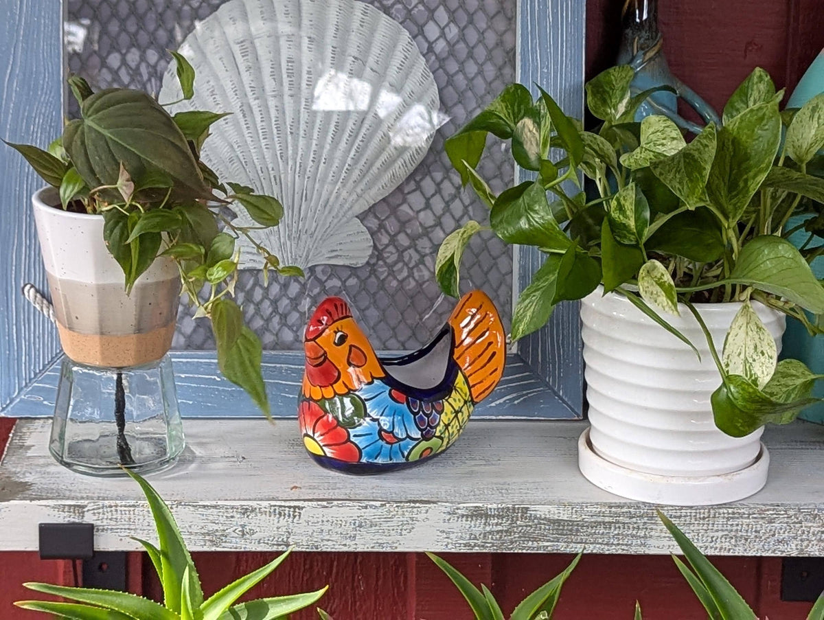 Chicken Flower Pot Ceramic Talavera Planter, Small Handmade Mexican Pottery Home Decor as Indoor Planter or Outdoor Pot