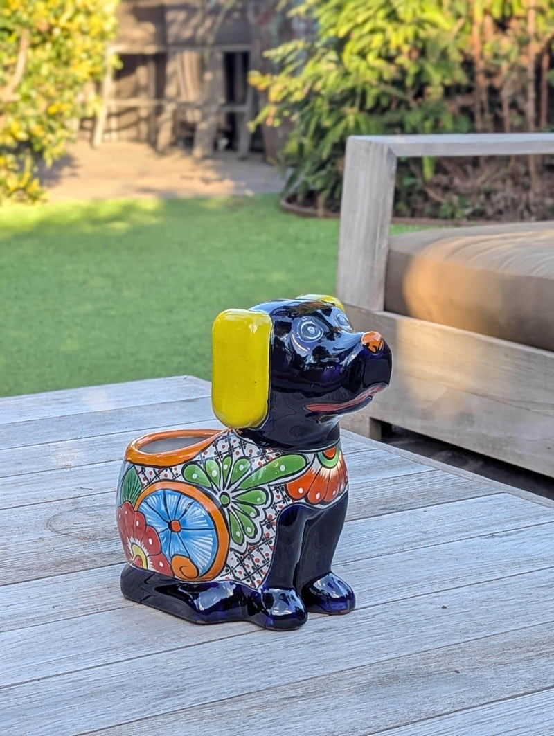 Talavera Dog Flower Pot for Outdoor Decor or Garden Decorations, Planter Pot is Handmade Mexican Pottery, great as Cute Dog Lover Gifts