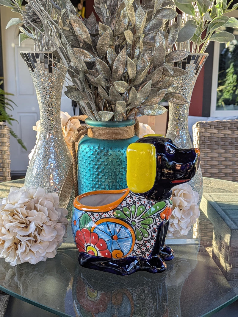 Talavera Dog Flower Pot for Outdoor Decor or Garden Decorations, Planter Pot is Handmade Mexican Pottery, great as Cute Dog Lover Gifts