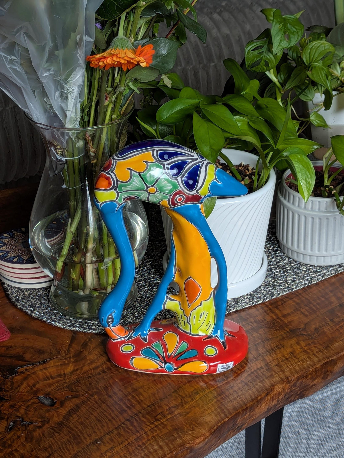 Blue Flamingo Home Decor or Yard Art, Talavera Pottery to use as Home Decor, Porch Decoration or Outdoor Decor