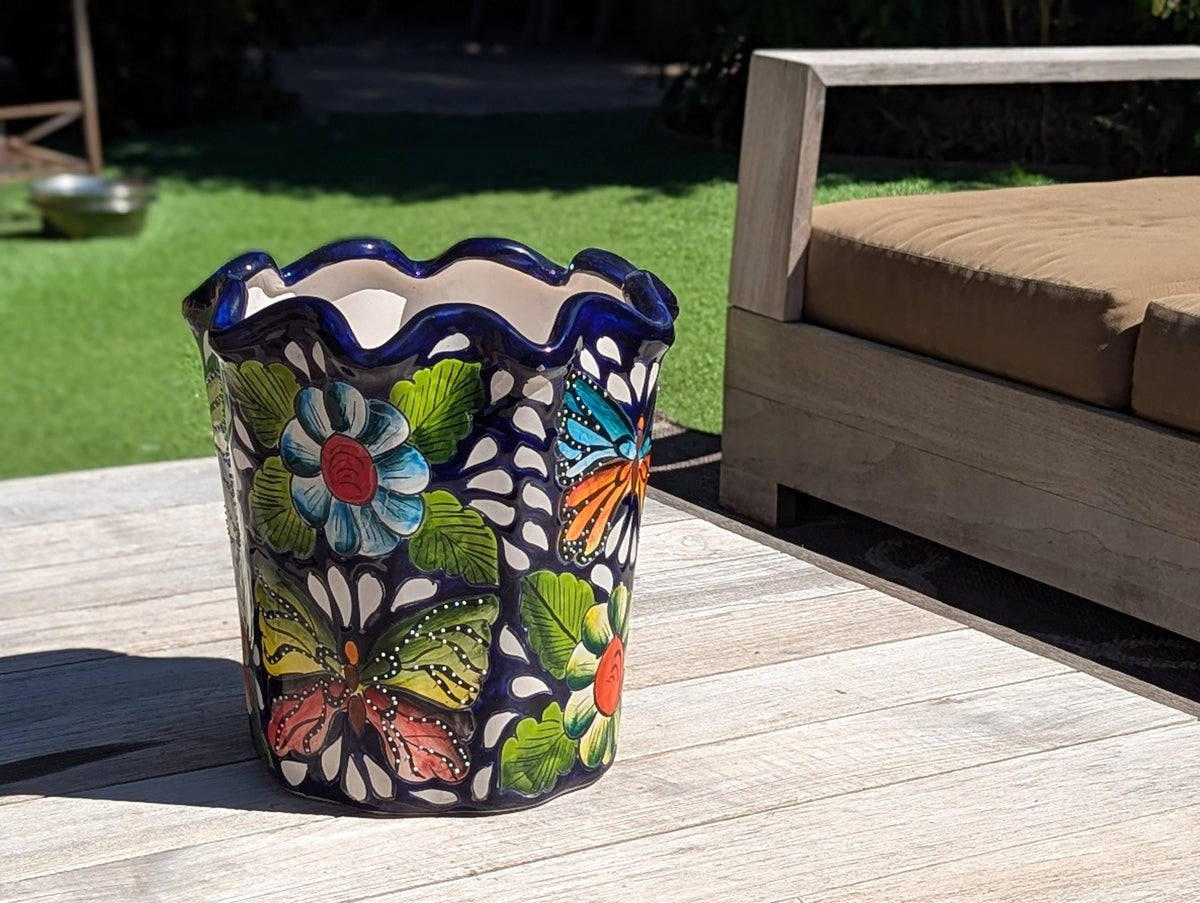 Butterfly Flower Pot | Garden Decor & Yard Art, Ceramic Talavera Planter, Handmade Mexican Pottery, Eye-catching Wavy Decor, Indoor Planter