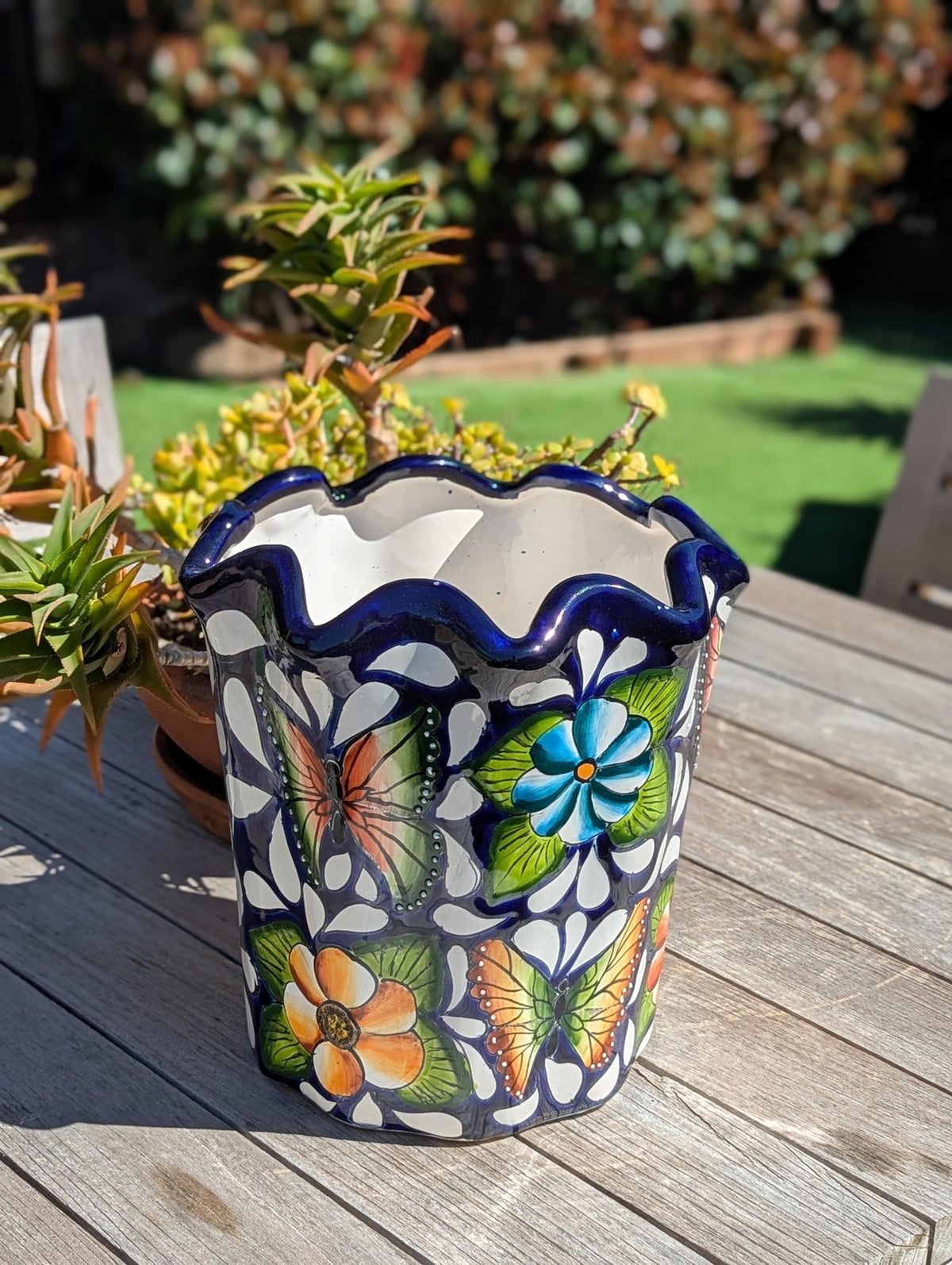 Butterfly Flower Pot | Garden Decor & Yard Art, Ceramic Talavera Planter, Handmade Mexican Pottery, Eye-catching Wavy Decor, Indoor Planter