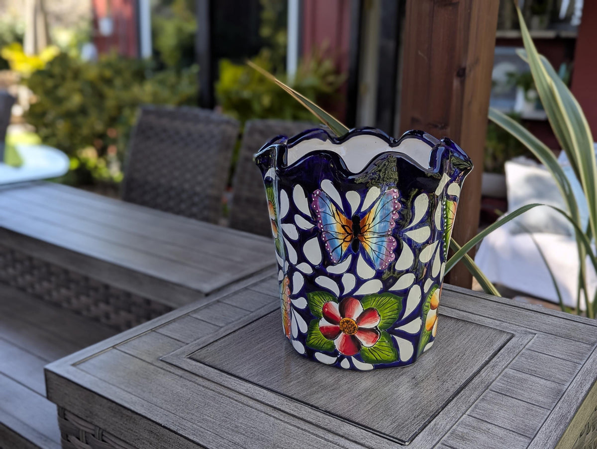 Butterfly Flower Pot | Garden Decor & Yard Art, Ceramic Talavera Planter, Handmade Mexican Pottery, Eye-catching Wavy Decor, Indoor Planter