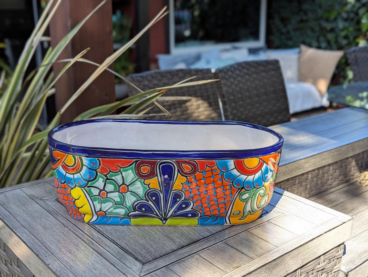 Oval Planter Talavera Pottery, Indoor or Outdoor Flower Pot, Ceramic Mexican Art as Housewarming Gift