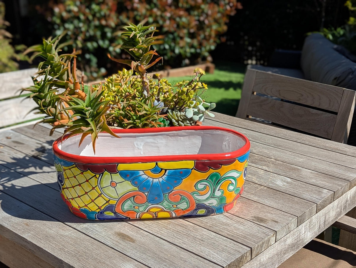 Oval Planter Talavera Pottery, Indoor or Outdoor Flower Pot, Ceramic Mexican Art as Housewarming Gift