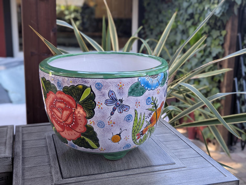 Gorgeous 3-Footed Ceramic Planter w Birds is Handmade Talavera Pottery | Outdoor Garden Decor, Indoor Home Decor, Unique Housewarming Gift