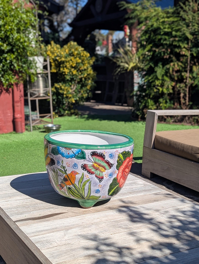 Gorgeous 3-Footed Ceramic Planter w Birds is Handmade Talavera Pottery | Outdoor Garden Decor, Indoor Home Decor, Unique Housewarming Gift