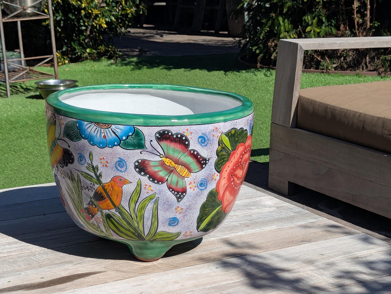 Gorgeous 3-Footed Ceramic Planter w Birds is Handmade Talavera Pottery | Outdoor Garden Decor, Indoor Home Decor, Unique Housewarming Gift
