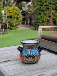 Colorful 10.5" Round Planter Talavera Ceramic Flower Pot, Handmade Mexican Pottery Outdoor Garden Decor or Indoor Home Decor is Unique Gift