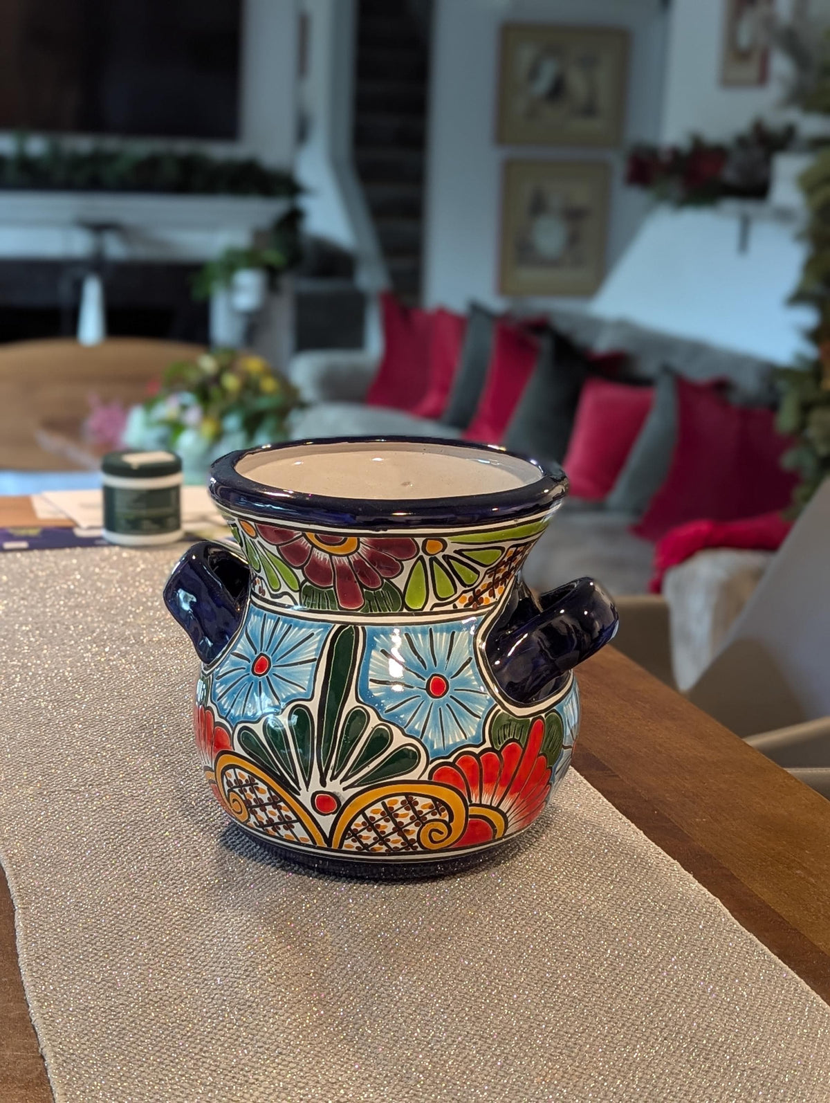Colorful 10.5" Round Planter Talavera Ceramic Flower Pot, Handmade Mexican Pottery Outdoor Garden Decor or Indoor Home Decor is Unique Gift