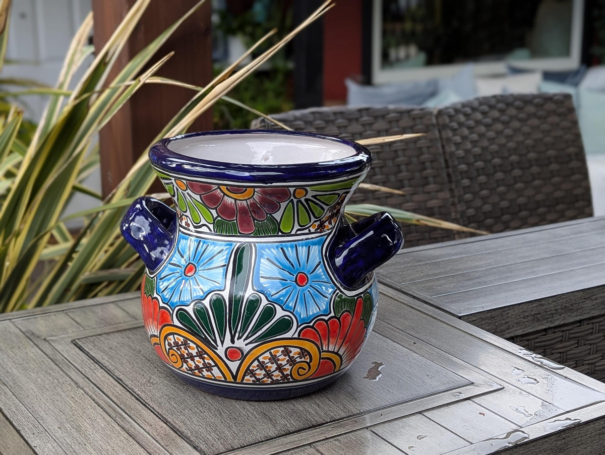 Colorful 10.5" Round Planter Talavera Ceramic Flower Pot, Handmade Mexican Pottery Outdoor Garden Decor or Indoor Home Decor is Unique Gift