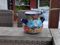 Colorful 10.5" Round Planter Talavera Ceramic Flower Pot, Handmade Mexican Pottery Outdoor Garden Decor or Indoor Home Decor is Unique Gift