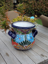 Colorful 10.5" Round Planter Talavera Ceramic Flower Pot, Handmade Mexican Pottery Outdoor Garden Decor or Indoor Home Decor is Unique Gift