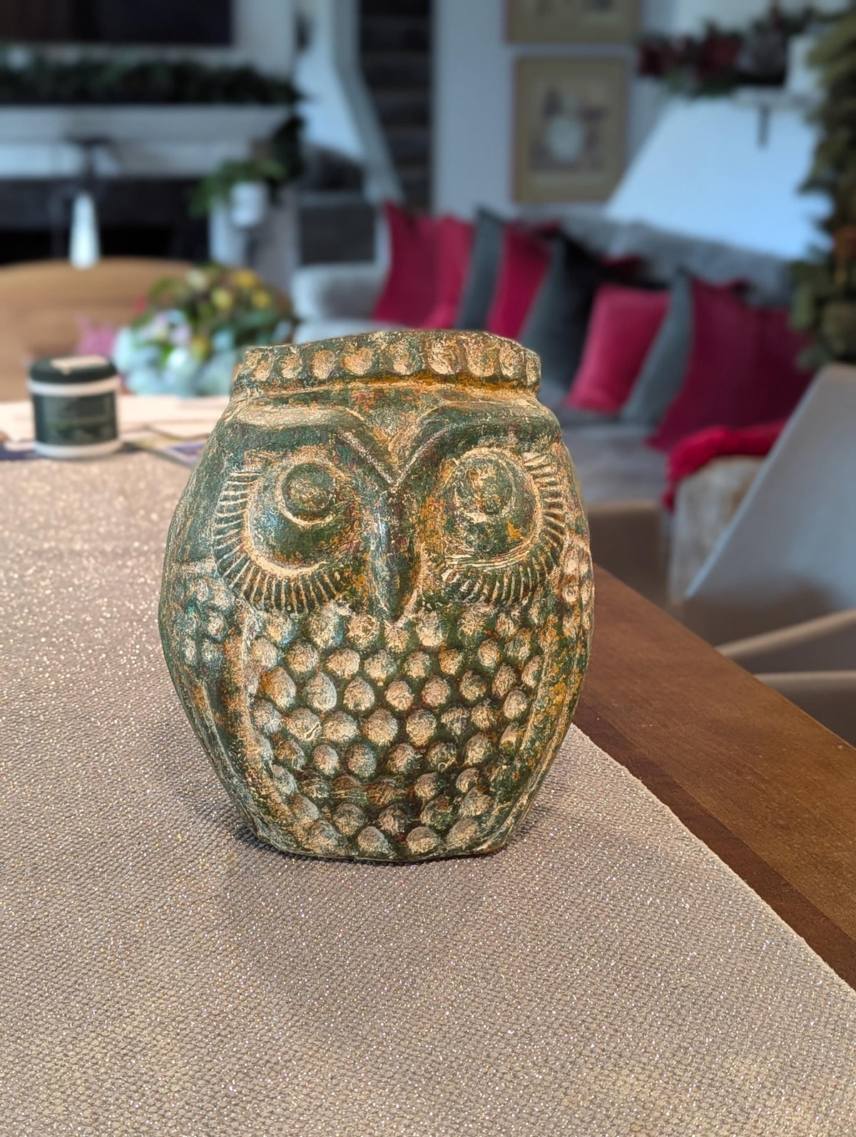 Mexican Owl Planter Pot for Indoor Home Decor or Outdoor Garden Decorations, Medium Owl in Clay with Green Dustings