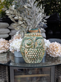 Mexican Owl Planter Pot for Indoor Home Decor or Outdoor Garden Decorations, Medium Owl in Clay with Green Dustings