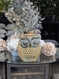 Mexican Owl Planter Pot for Indoor Home Decor or Outdoor Garden Decorations, Medium Owl Pot in Clay with Brown & Green Colors