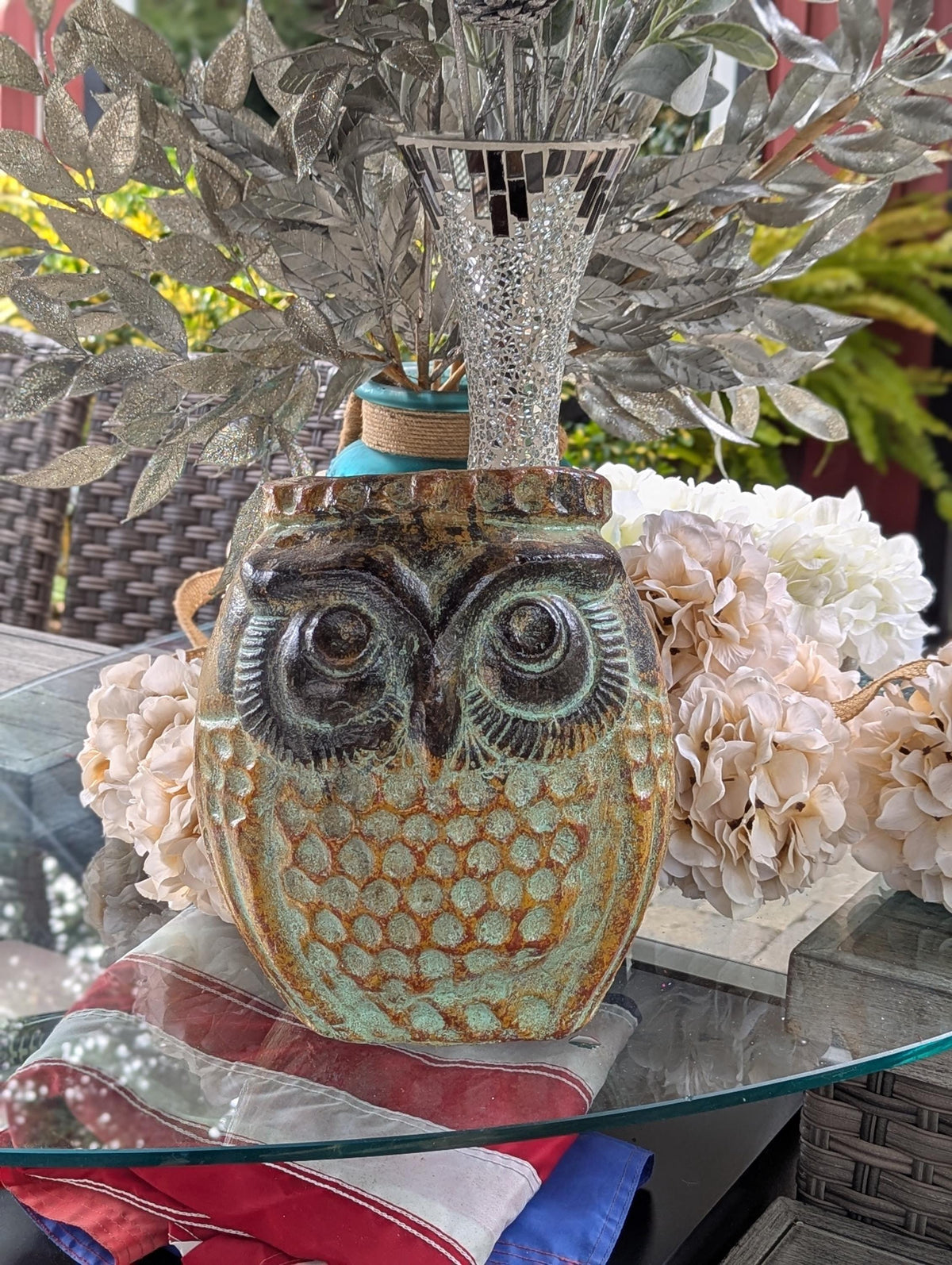 Mexican Owl Planter Pot for Indoor Home Decor or Outdoor Garden Decorations, Medium Owl Pot in Clay with Brown & Green Colors