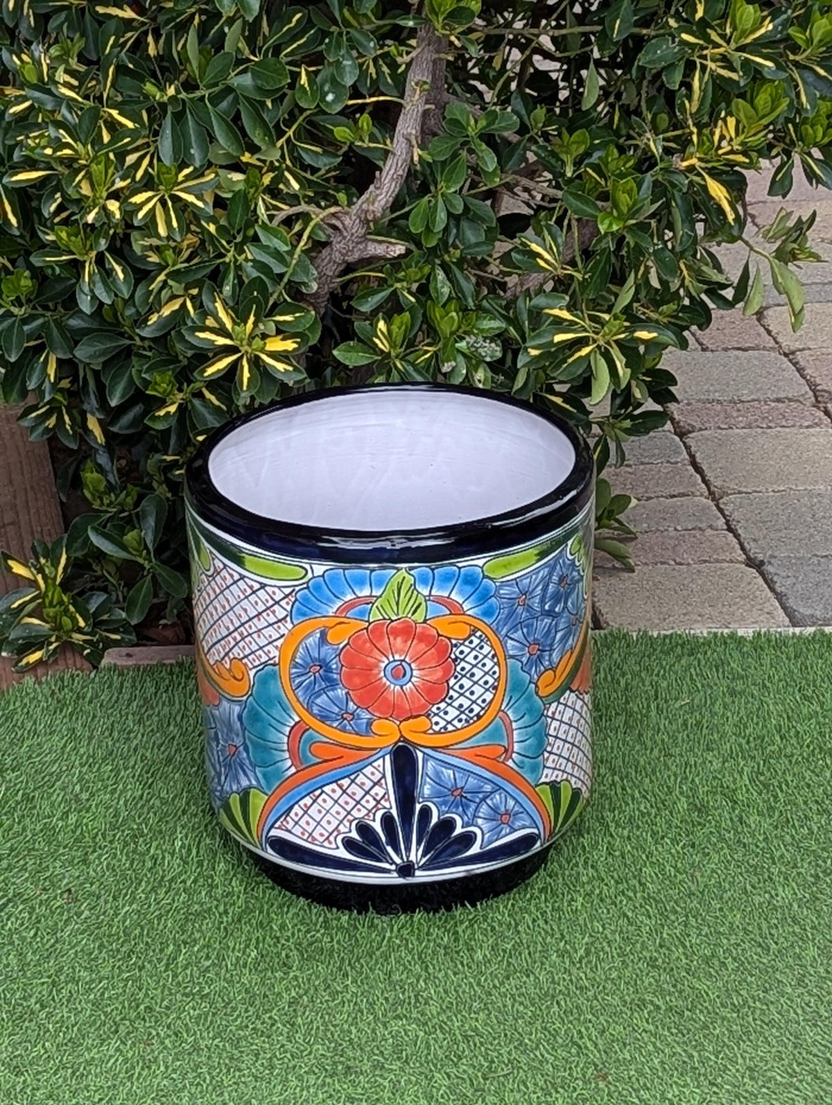 14" Tall Round Flower Pot is Colorful Talavera Ceramic Planter, Handmade Mexican Pottery | Garden Art, Home Decor or Housewarming Gift