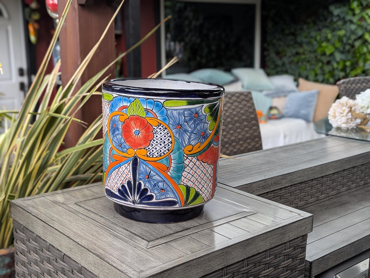 14" Tall Round Flower Pot is Colorful Talavera Ceramic Planter, Handmade Mexican Pottery | Garden Art, Home Decor or Housewarming Gift
