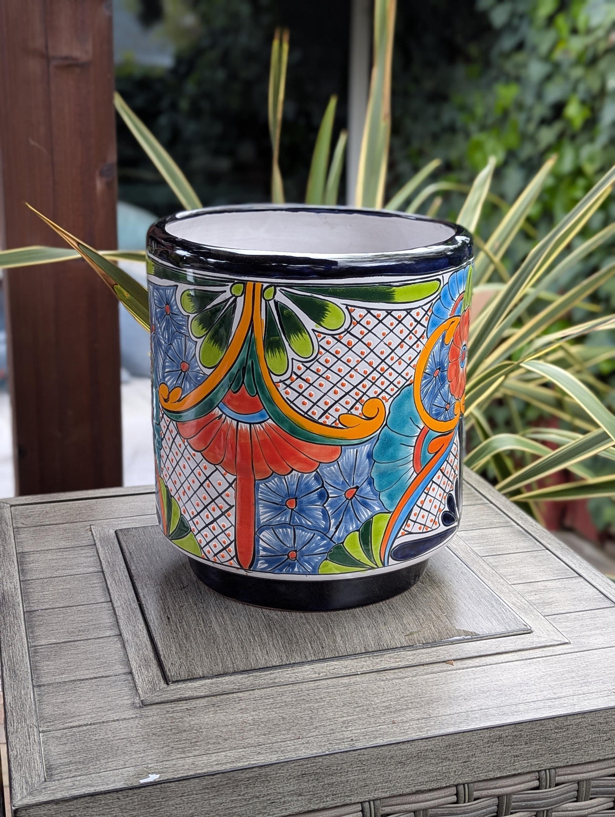 14" Tall Round Flower Pot is Colorful Talavera Ceramic Planter, Handmade Mexican Pottery | Garden Art, Home Decor or Housewarming Gift