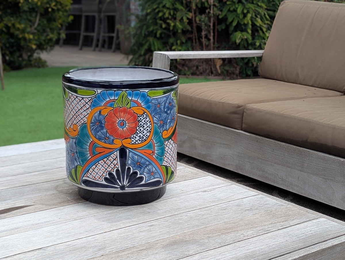14" Tall Round Flower Pot is Colorful Talavera Ceramic Planter, Handmade Mexican Pottery | Garden Art, Home Decor or Housewarming Gift