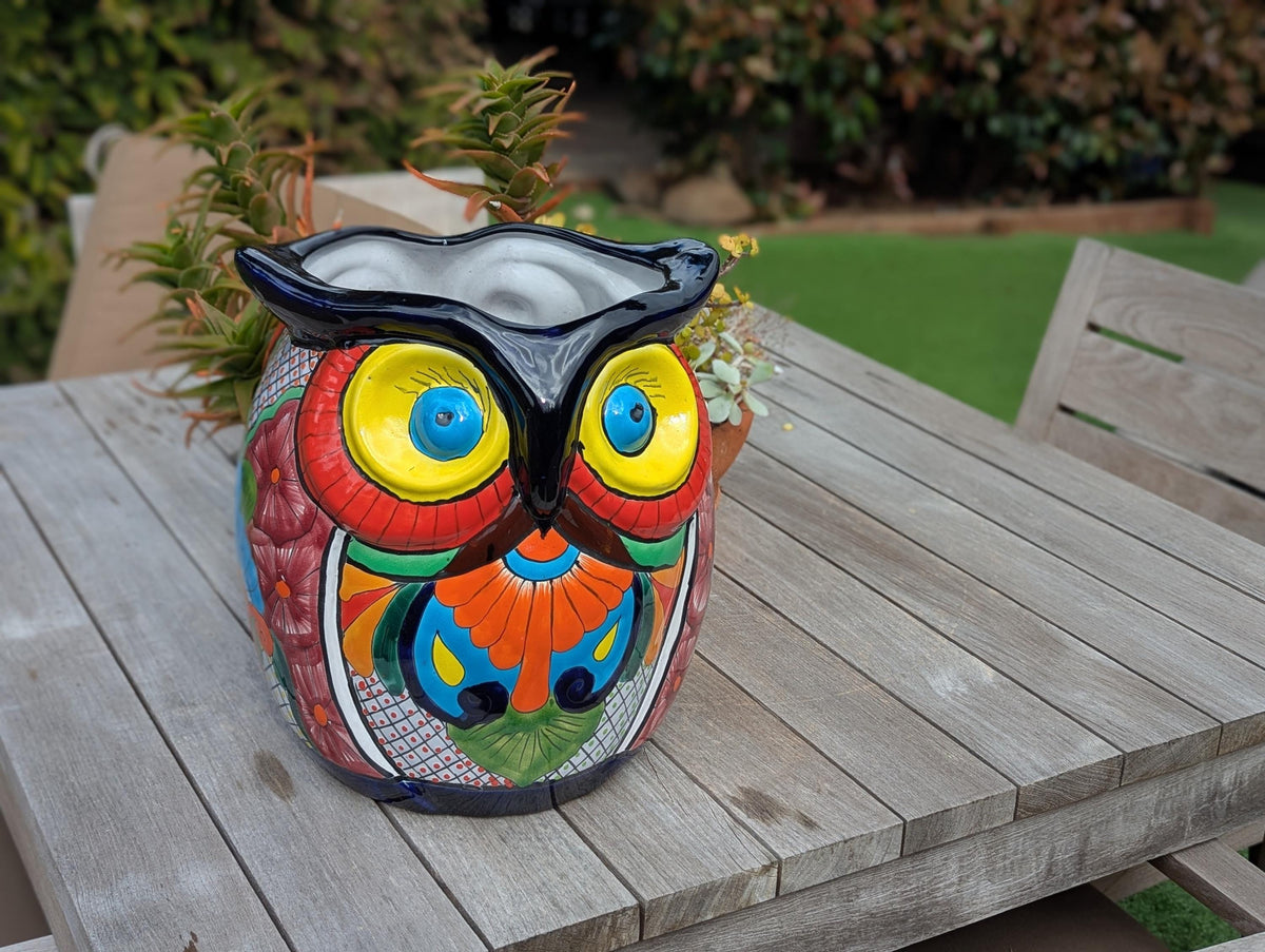 Gorgeous 14" Owl Flower Pot, Ceramic Planter is Handmade Talavera Pottery for Outdoor Garden Decor, Unique Housewarming Gift