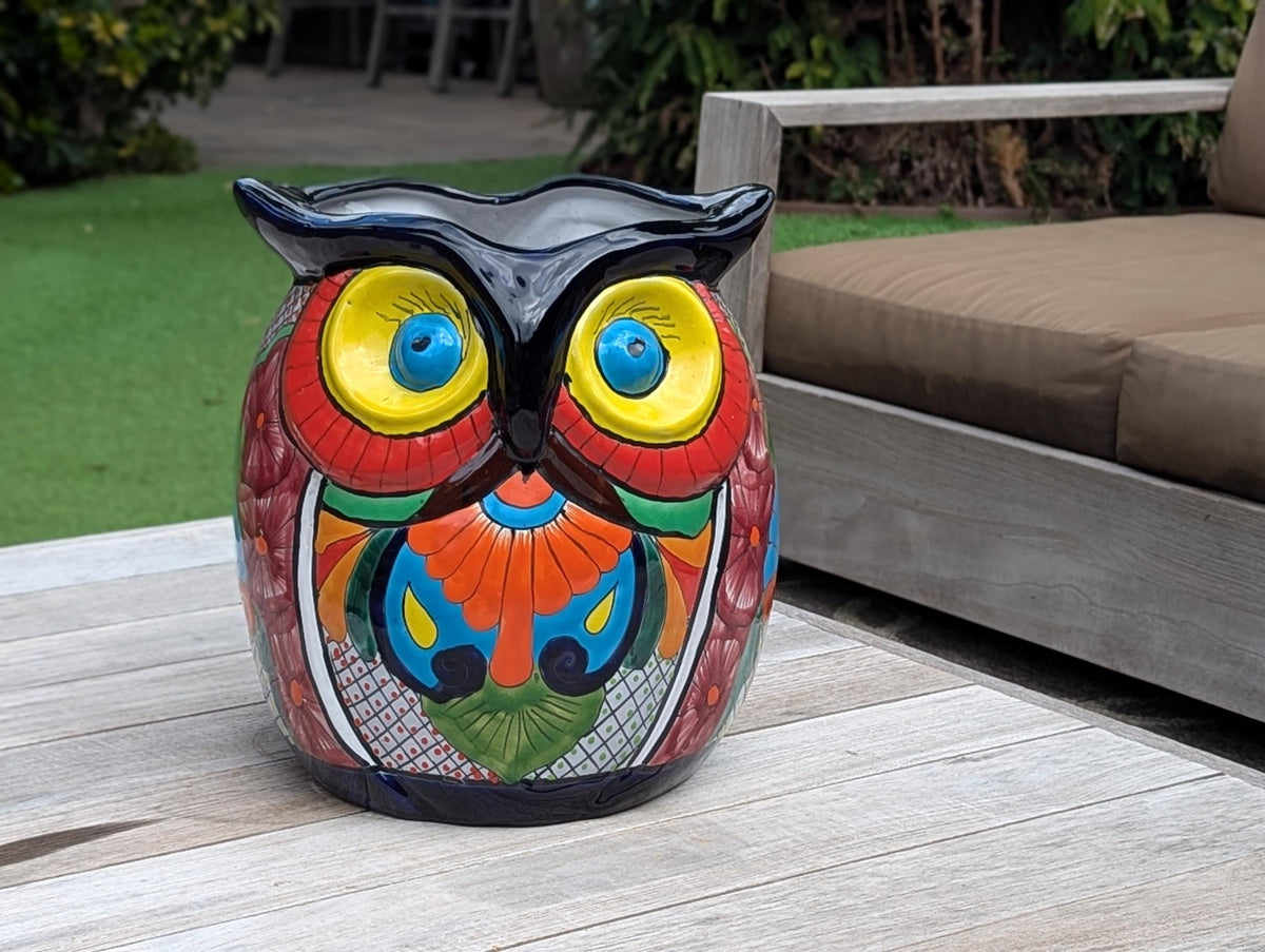 Gorgeous 14" Owl Flower Pot, Ceramic Planter is Handmade Talavera Pottery for Outdoor Garden Decor, Unique Housewarming Gift