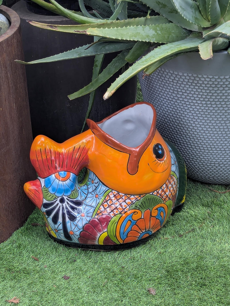 Talavera Whale Planter is Hand Painted Ceramic Mexican Pottery | Large Fish Planter Pot for Yard Art & Outdoor Garden Decor
