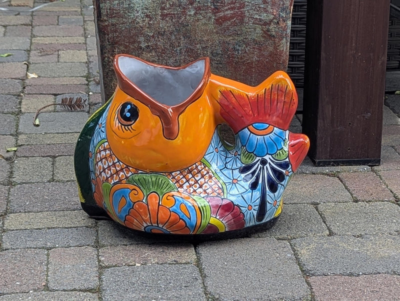 Talavera Whale Planter is Hand Painted Ceramic Mexican Pottery | Large Fish Planter Pot for Yard Art & Outdoor Garden Decor
