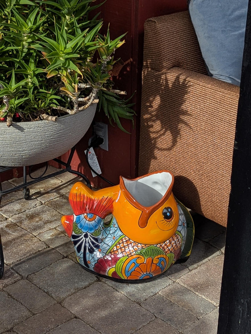 Talavera Whale Planter is Hand Painted Ceramic Mexican Pottery | Large Fish Planter Pot for Yard Art & Outdoor Garden Decor