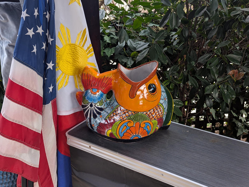 Talavera Whale Planter is Hand Painted Ceramic Mexican Pottery | Large Fish Planter Pot for Yard Art & Outdoor Garden Decor