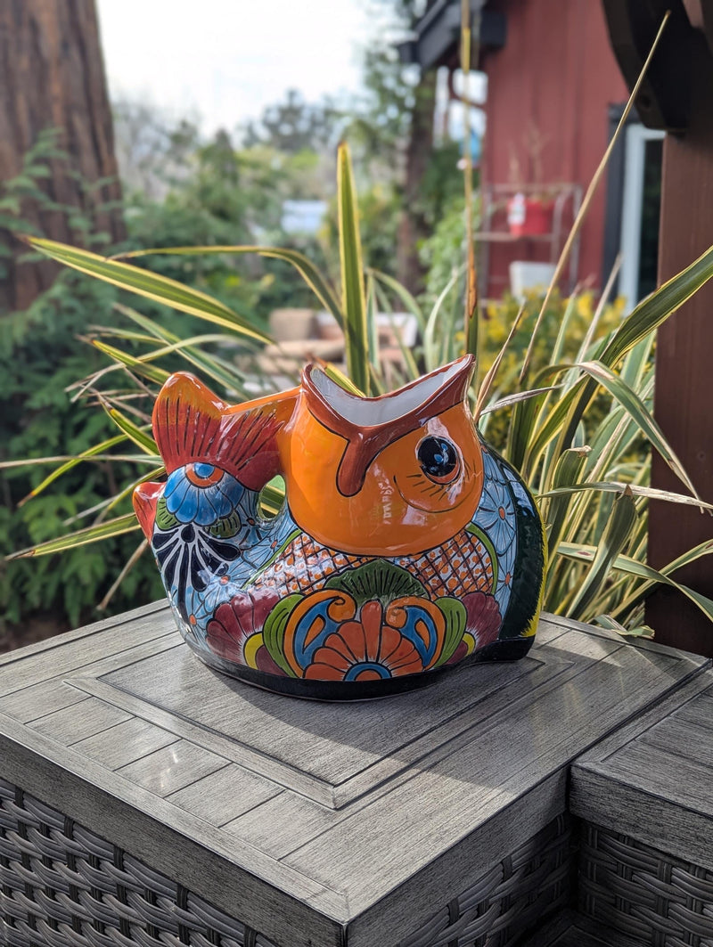 Talavera Whale Planter is Hand Painted Ceramic Mexican Pottery | Large Fish Planter Pot for Yard Art & Outdoor Garden Decor