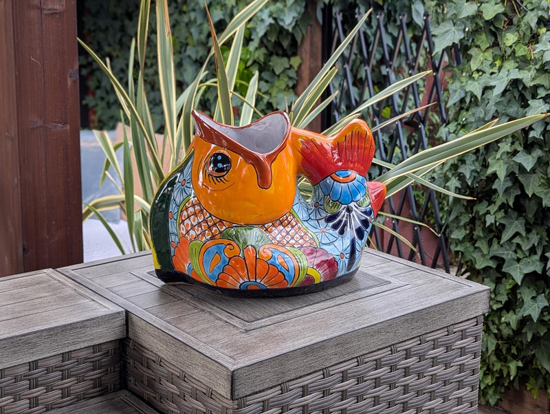 Talavera Whale Planter is Hand Painted Ceramic Mexican Pottery | Large Fish Planter Pot for Yard Art & Outdoor Garden Decor