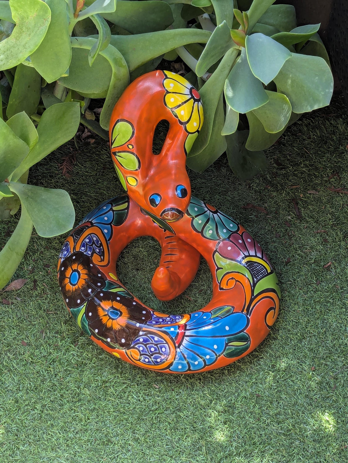 Talavera Rattlesnake Figurine Ceramic Mexican Pottery, Outdoor Snake Decor and Garden Statue Handmade in Mexico