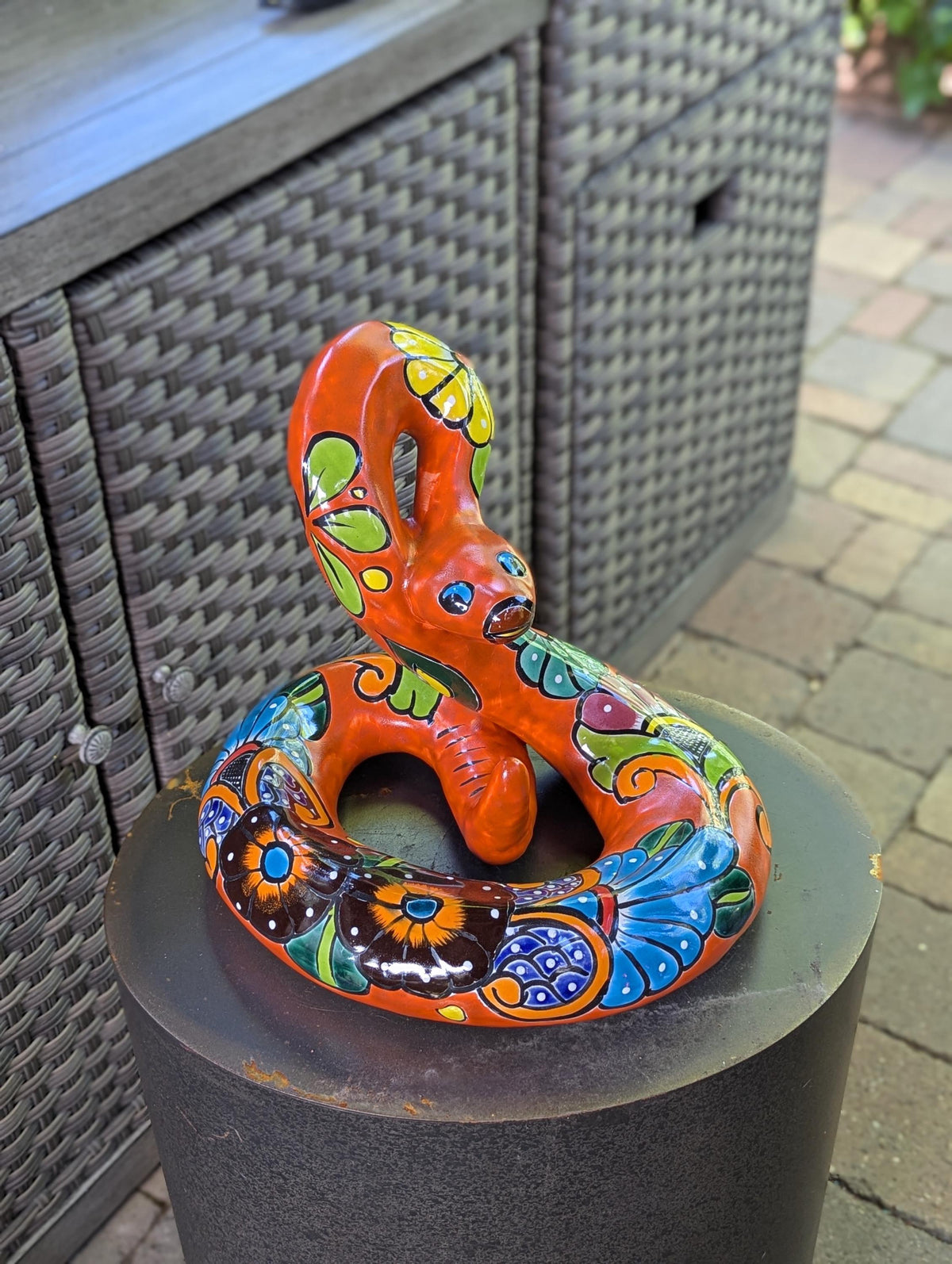Talavera Rattlesnake Figurine Ceramic Mexican Pottery, Outdoor Snake Decor and Garden Statue Handmade in Mexico