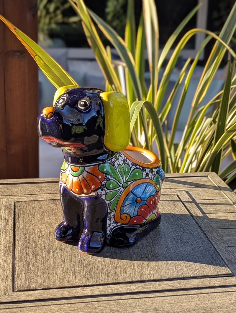 Talavera Dog Flower Pot for Outdoor Decor or Garden Decorations, Planter Pot is Handmade Mexican Pottery, great as Cute Dog Lover Gifts