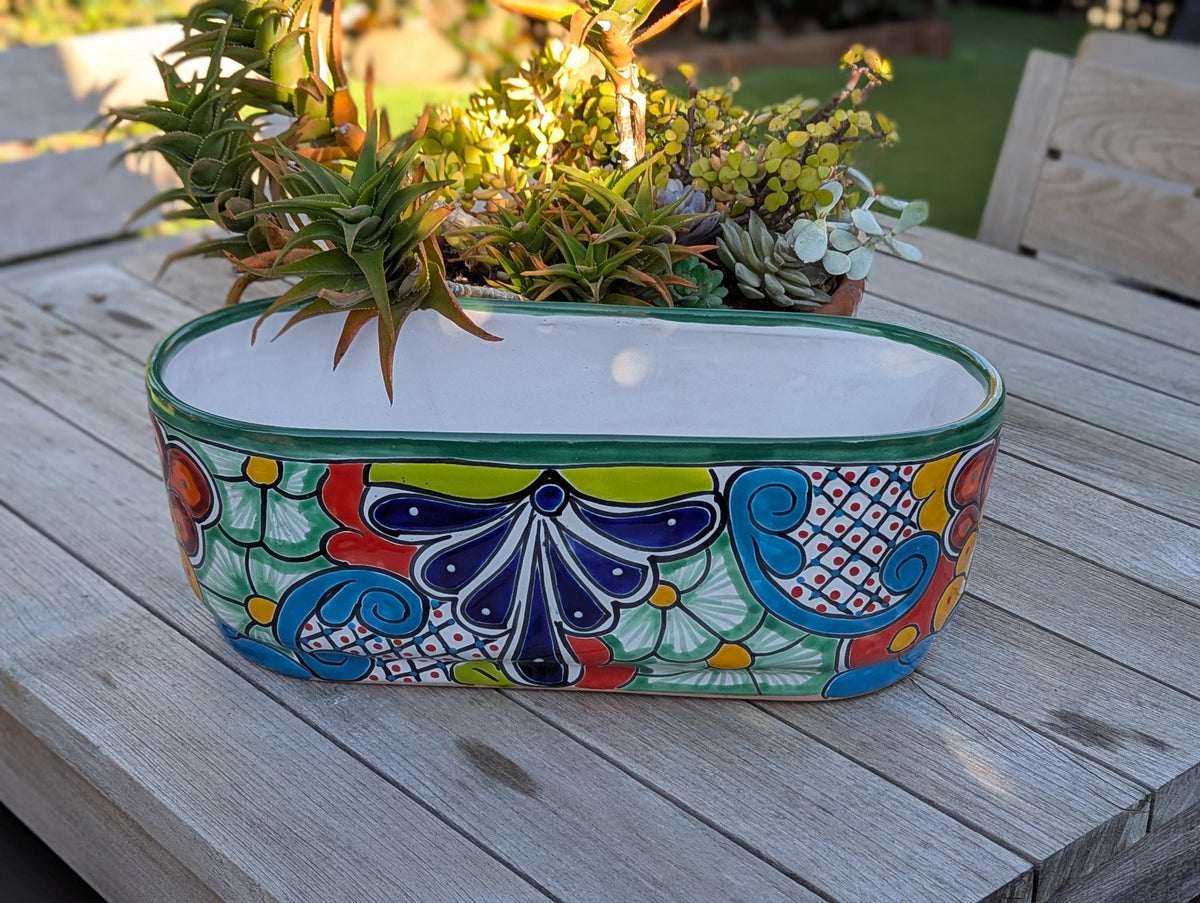 Oval Planter Talavera Pottery, Indoor or Outdoor Flower Pot, Ceramic Mexican Art as Housewarming Gift