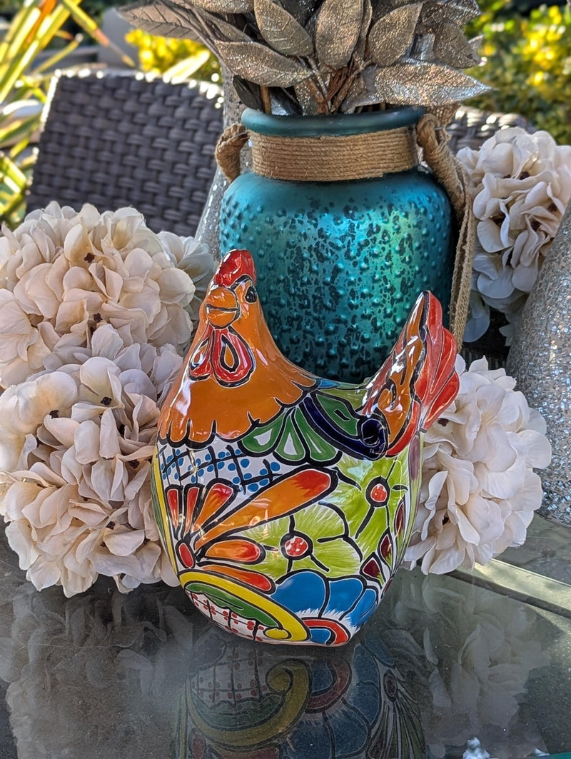 Ceramic Rooster Talavera Pottery Handmade in Mexico, Home Decor and Outdoor Garden or Porch Decor, Yard Art Unique Gift for Chicken Lovers