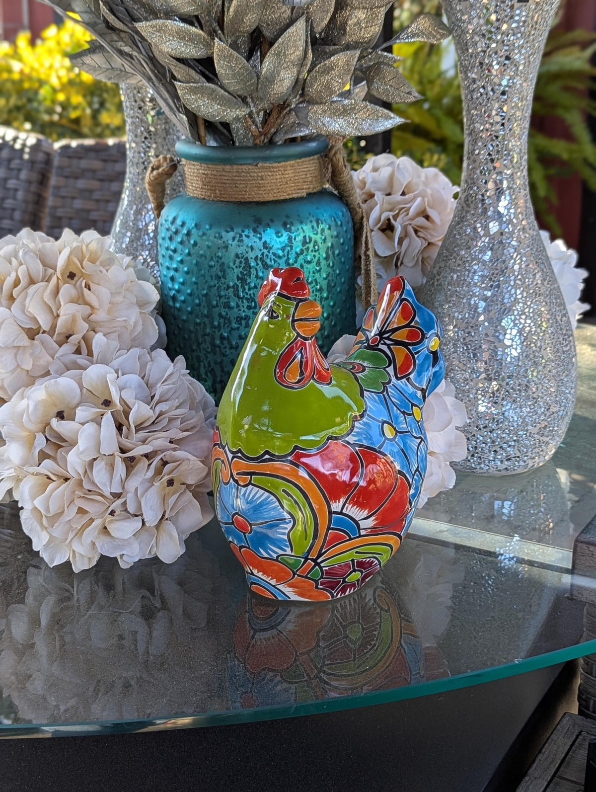 Ceramic Rooster Talavera Pottery Handmade in Mexico, Home Decor and Outdoor Garden or Porch Decor, Yard Art Unique Gift for Chicken Lovers