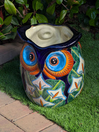 RIM CHIP | Gorgeous 14&quot; Owl Flower Pot, Ceramic Planter is Handmade Talavera Pottery for Outdoor Garden Decor, Discounted 45% for Small Chip