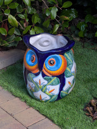 RIM CHIP | Gorgeous 14" Owl Flower Pot, Ceramic Planter is Handmade Talavera Pottery for Outdoor Garden Decor, Discounted 50% for Small Chip