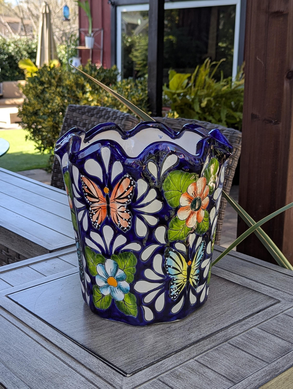 Butterfly Flower Pot | Garden Decor & Yard Art, Ceramic Talavera Planter, Handmade Mexican Pottery, Eye-catching Wavy Decor, Indoor Planter