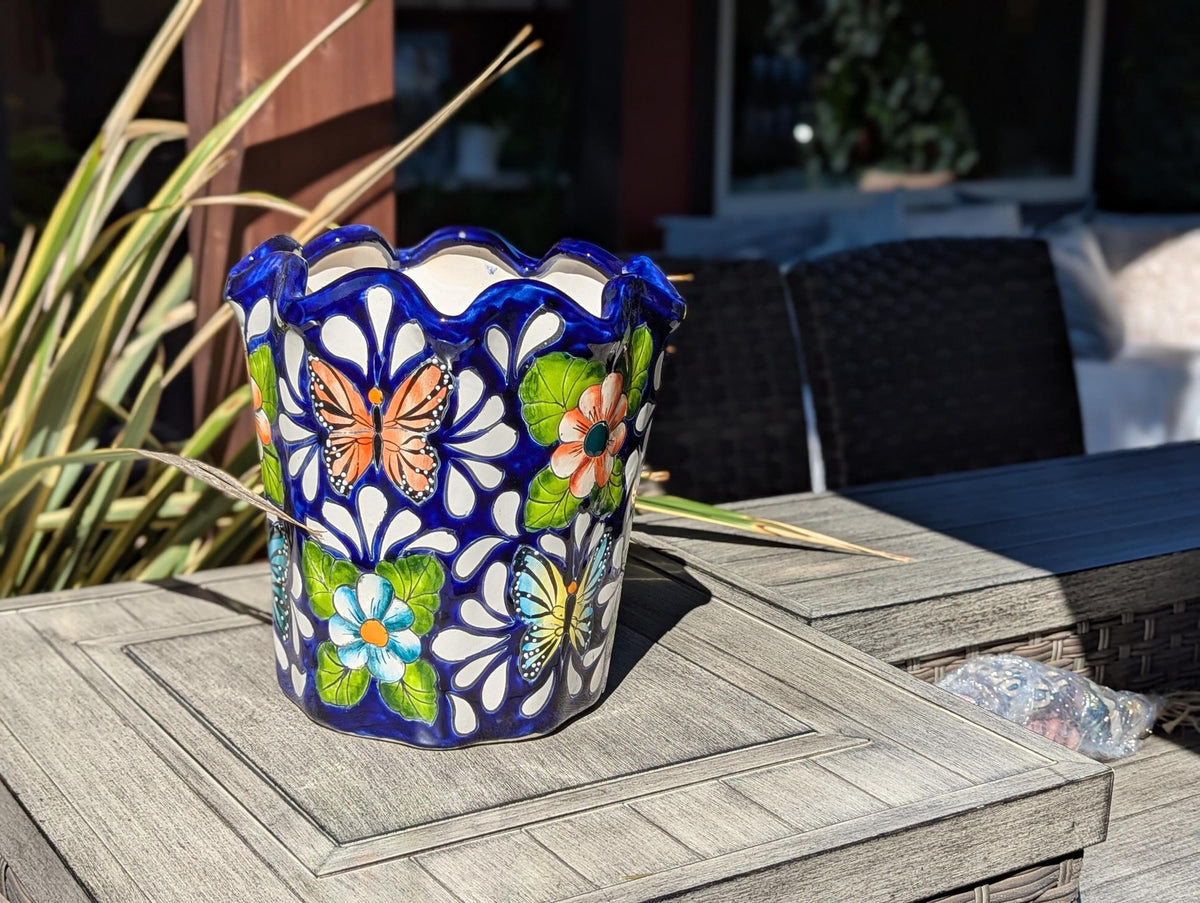 Butterfly Flower Pot | Garden Decor & Yard Art, Ceramic Talavera Planter, Handmade Mexican Pottery, Eye-catching Wavy Decor, Indoor Planter