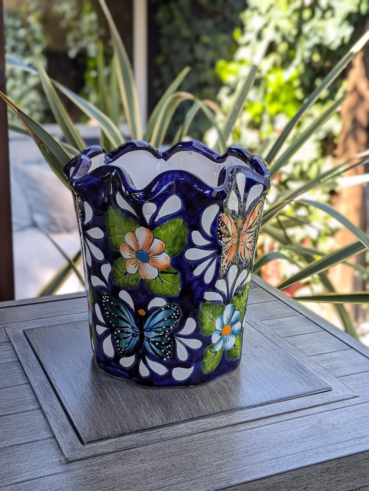 Butterfly Flower Pot | Garden Decor & Yard Art, Ceramic Talavera Planter, Handmade Mexican Pottery, Eye-catching Wavy Decor, Indoor Planter