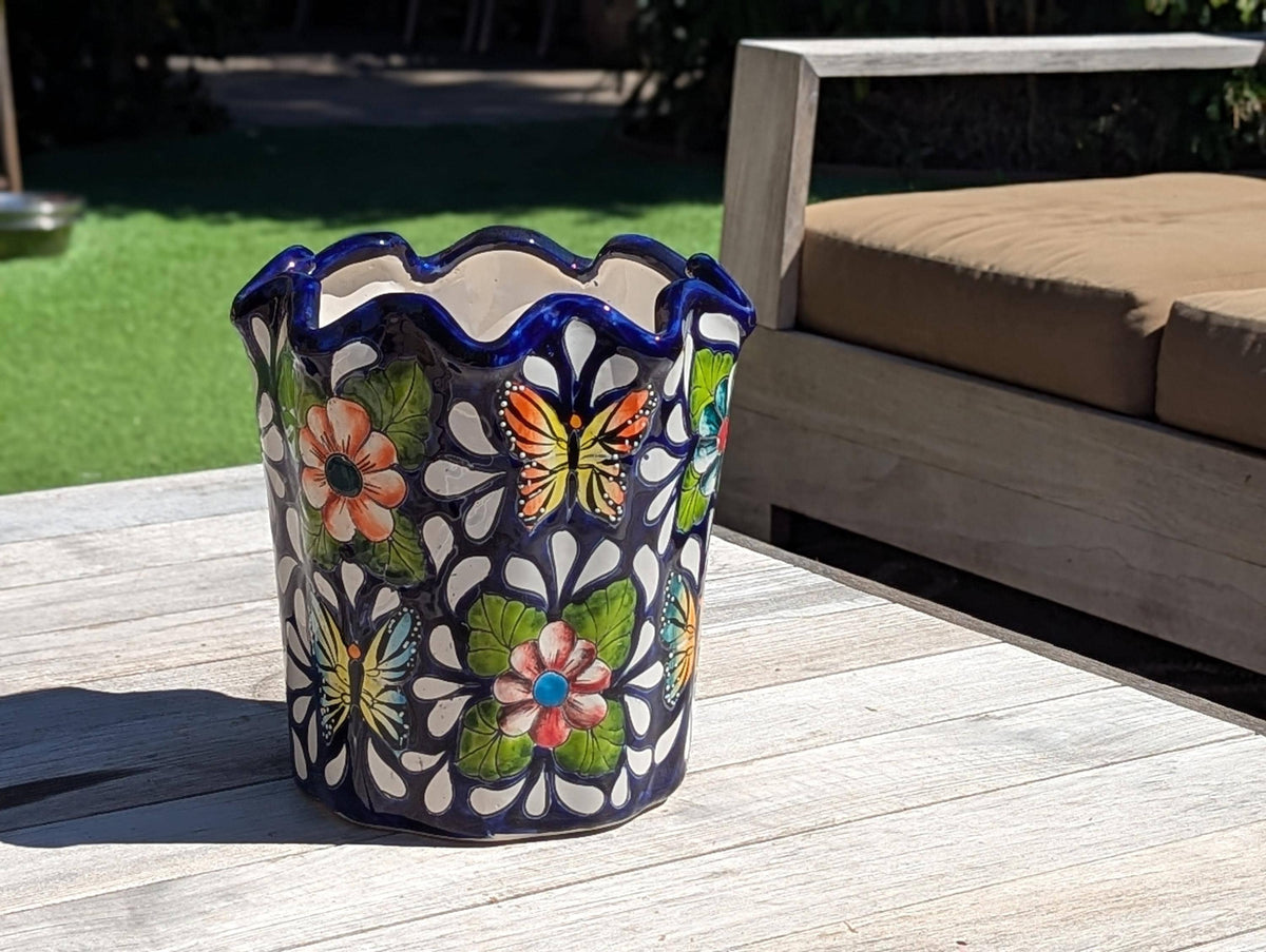 Butterfly Flower Pot | Garden Decor & Yard Art, Ceramic Talavera Planter, Handmade Mexican Pottery, Eye-catching Wavy Decor, Indoor Planter