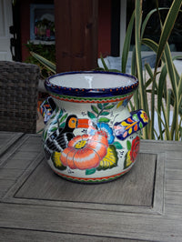 10.5" Round Toucan Planter Ceramic Flower Pot | Handmade Mexican Talavera Pottery is Outdoor Garden Decor or Indoor Home Decor, Unique Gift