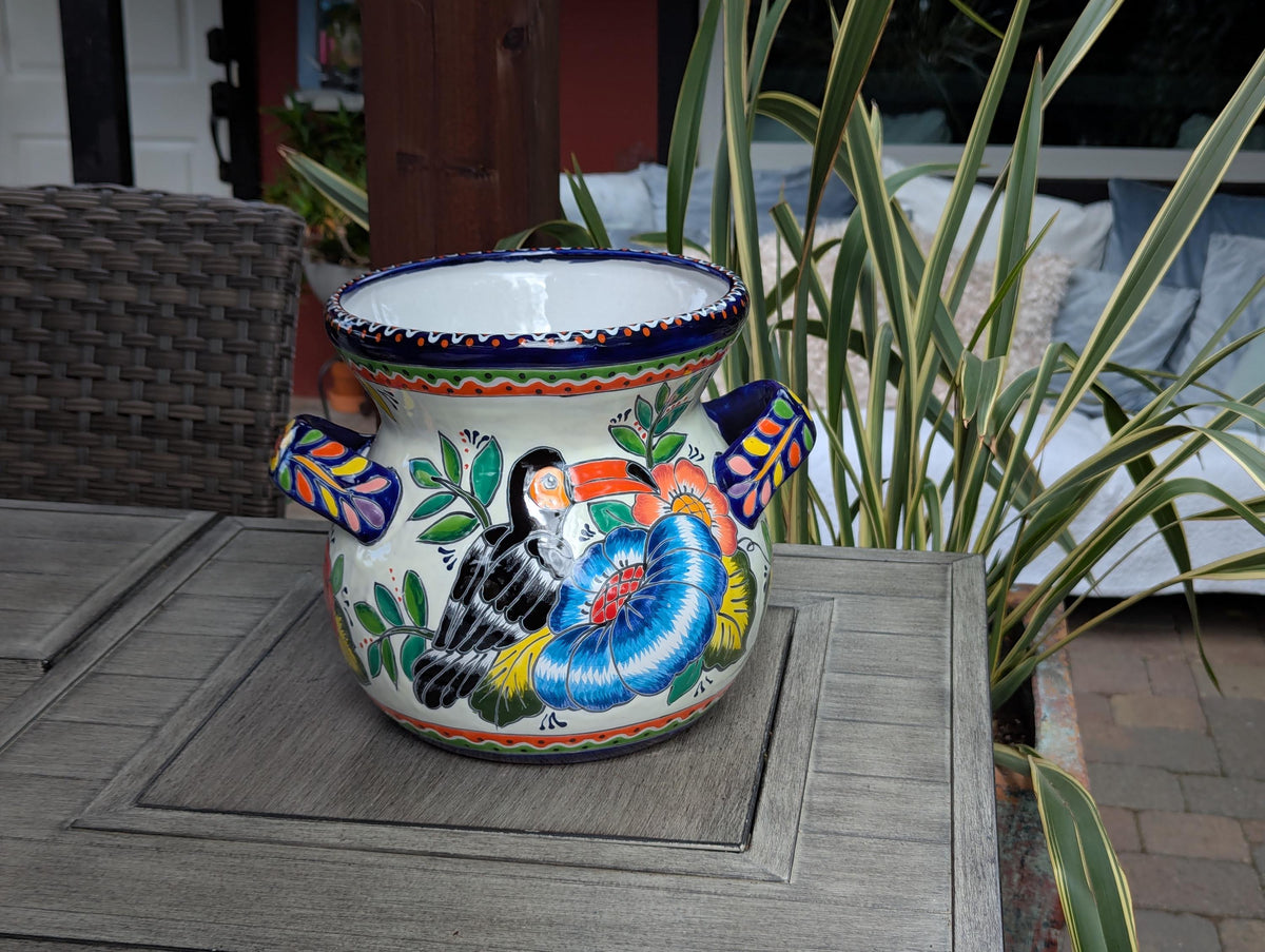 10.5" Round Toucan Planter Ceramic Flower Pot | Handmade Mexican Talavera Pottery is Outdoor Garden Decor or Indoor Home Decor, Unique Gift