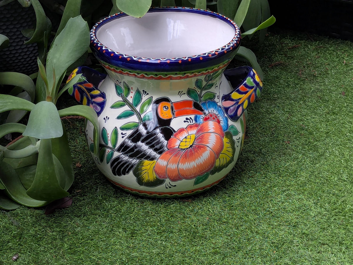 10.5" Round Toucan Planter Ceramic Flower Pot | Handmade Mexican Talavera Pottery is Outdoor Garden Decor or Indoor Home Decor, Unique Gift