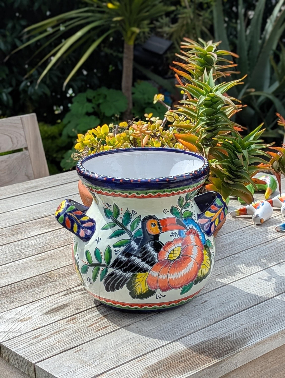 10.5" Round Toucan Planter Ceramic Flower Pot | Handmade Mexican Talavera Pottery is Outdoor Garden Decor or Indoor Home Decor, Unique Gift